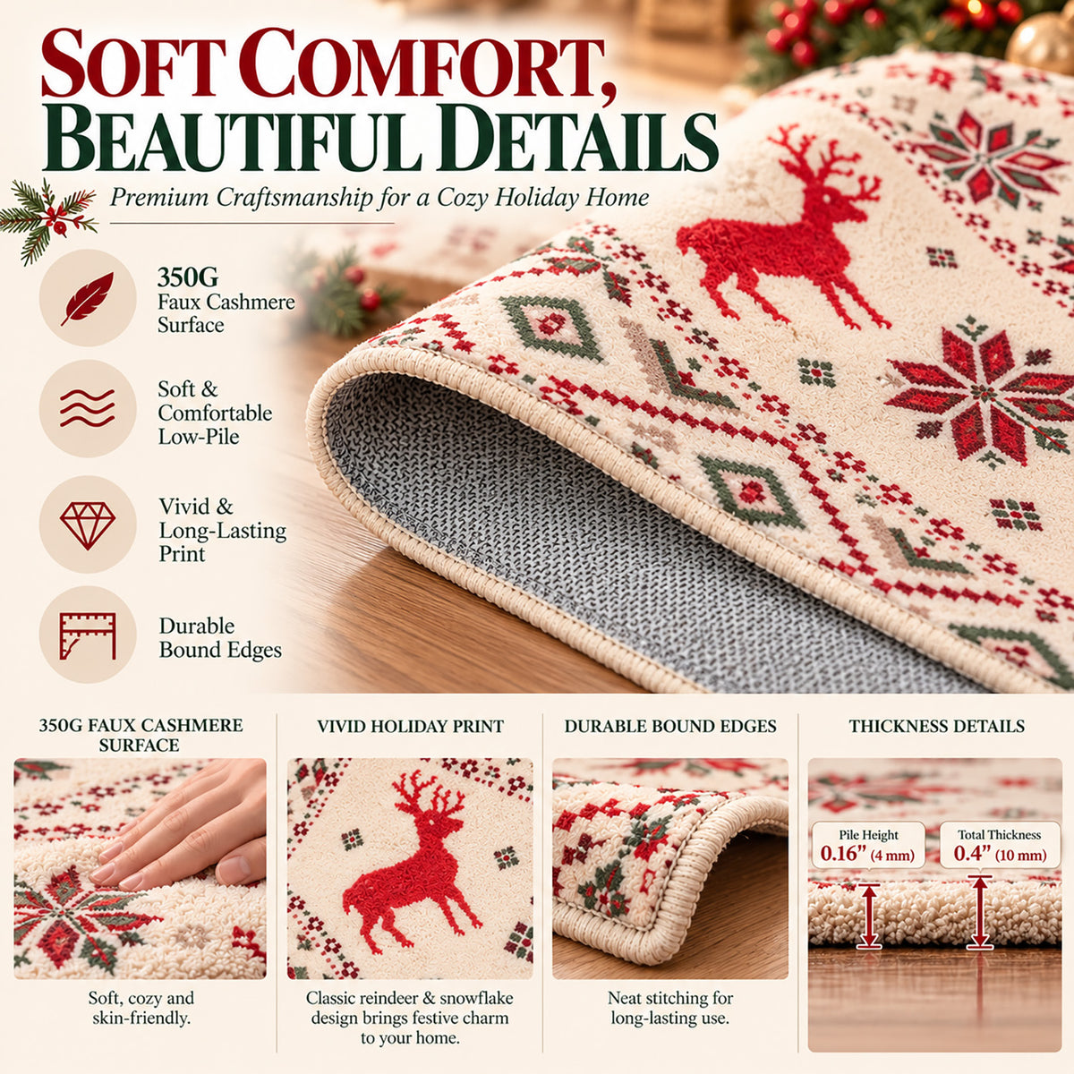 Beige Christmas Reindeer & Snowflake Washable Area Rug