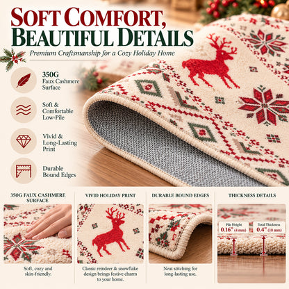 Beige Christmas Reindeer & Snowflake Washable Area Rug
