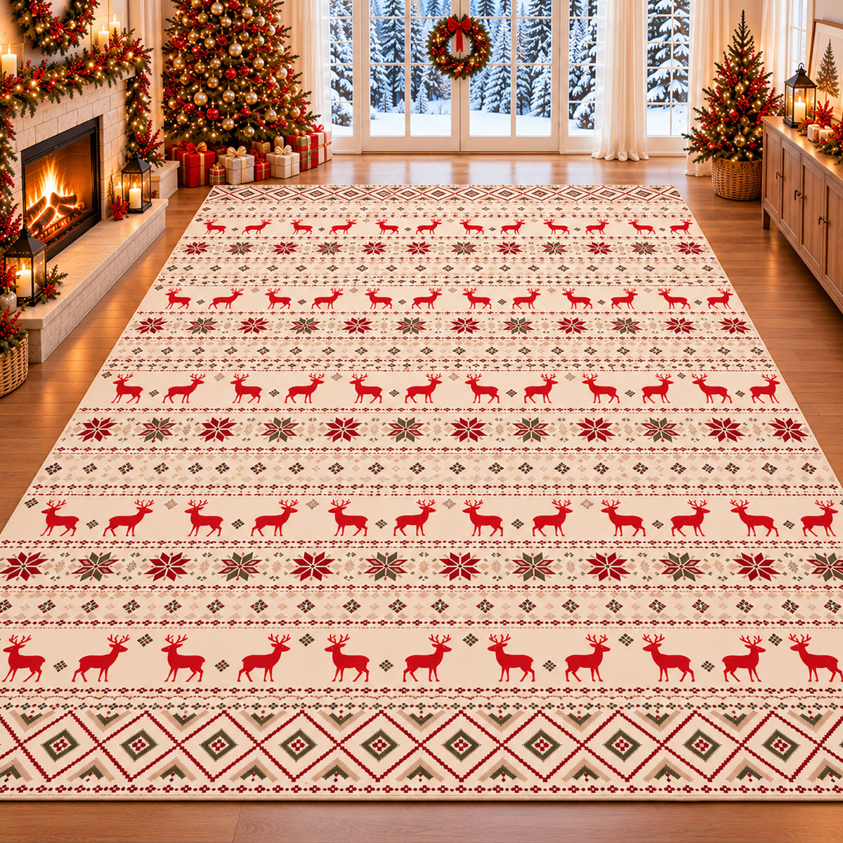 Beige Christmas Reindeer & Snowflake Washable Area Rug
