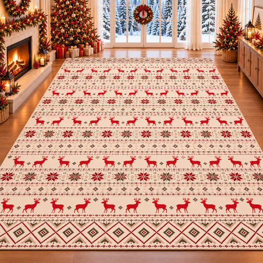 Beige Christmas Reindeer & Snowflake Washable Area Rug