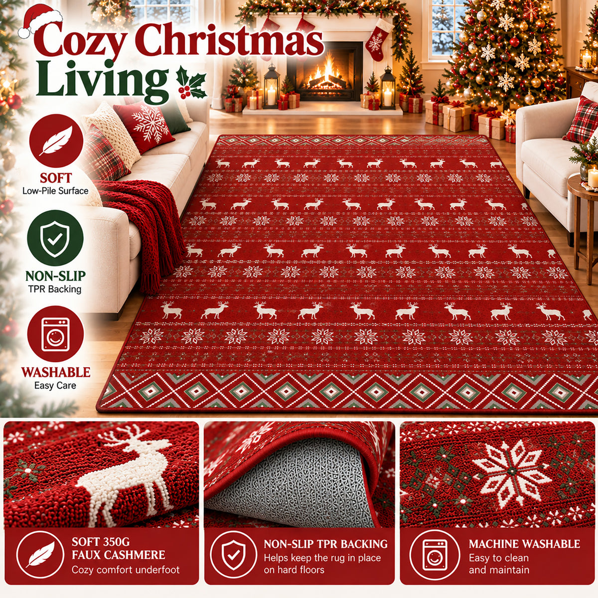 Red Christmas Reindeer & Snowflake Washable Area Rug