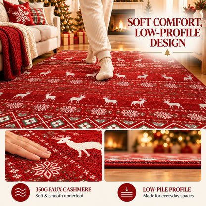 Red Christmas Reindeer & Snowflake Washable Area Rug