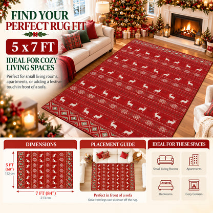 Red Christmas Reindeer & Snowflake Washable Area Rug