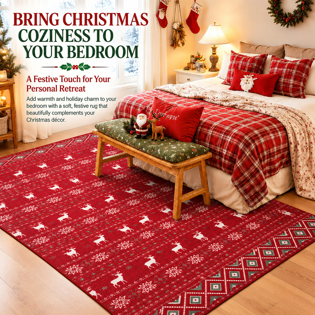 Red Christmas Reindeer & Snowflake Washable Area Rug