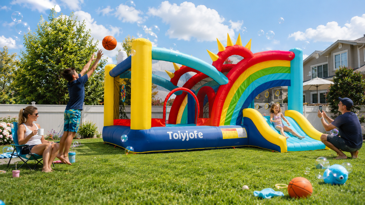 Load video: Family enjoying a colorful inflatable bounce house in a sunny backyard.