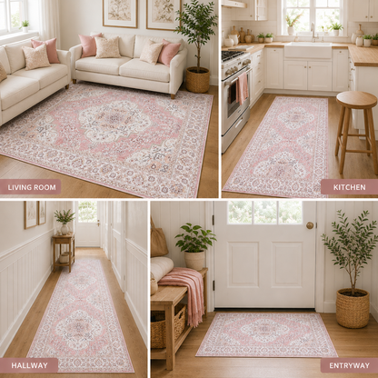 Rose Pink Vintage Persian Floral Washable Area Rug