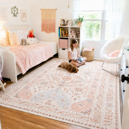 Pink Blue Beige Vintage Persian Washable Area Rug