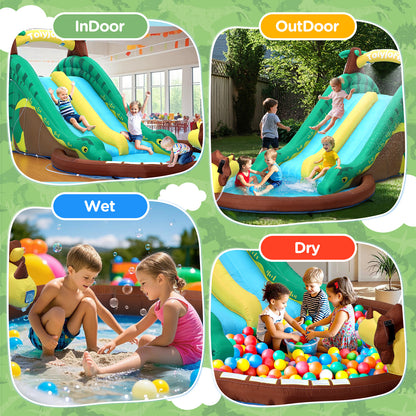 Toiyjofe Dinosaur Bounce House Water Slide, Bouncy House Castle with Splash Water Pool 480W Blower with GFCI Dinasour Water Bouncing House with Dual Slide Indoor/Outdoor Backyard Play for Kids 3-10