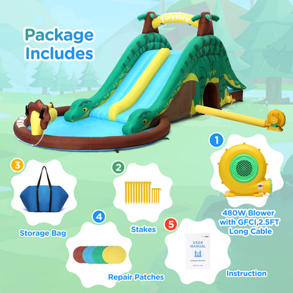 Toiyjofe Dinosaur Bounce House Water Slide, Bouncy House Castle with Splash Water Pool 480W Blower with GFCI Dinasour Water Bouncing House with Dual Slide Indoor/Outdoor Backyard Play for Kids 3-10