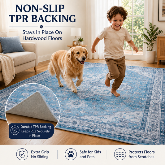 Dusty Blue Vintage Persian Washable Area Rug