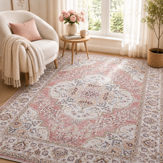 Rose Pink Vintage Persian Floral Washable Area Rug