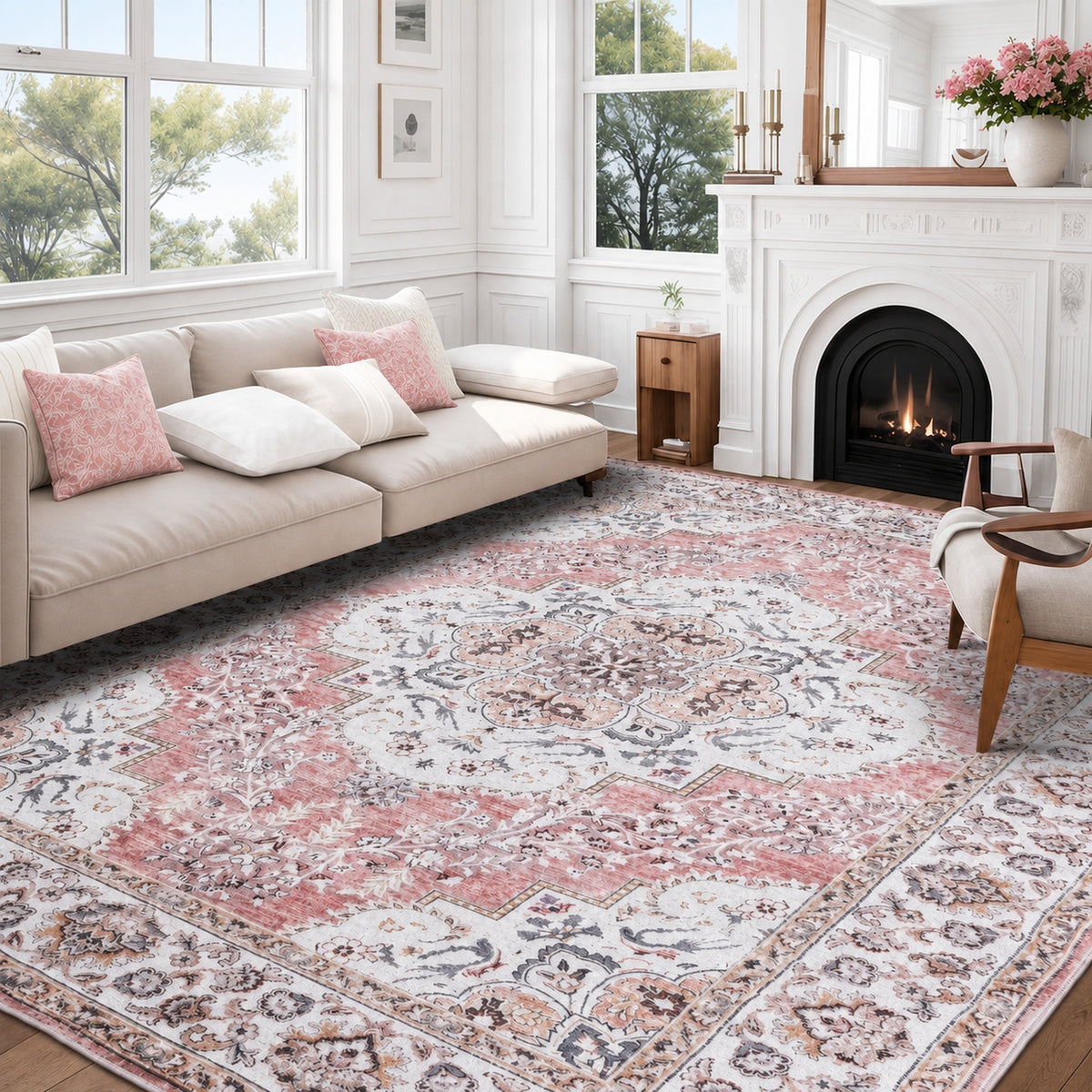Rose Pink Vintage Persian Floral Washable Area Rug