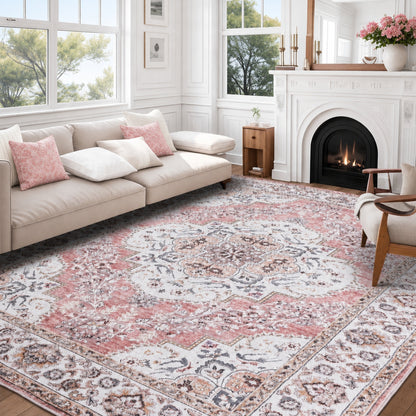 Rose Pink Vintage Persian Floral Washable Area Rug