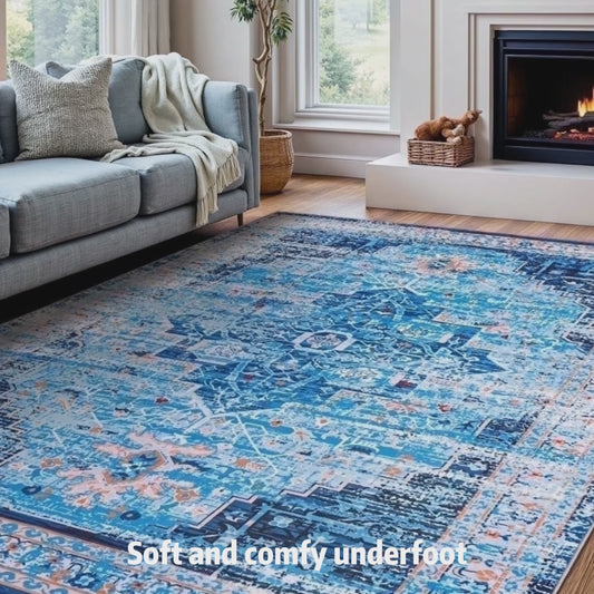 Blue Vintage Persian Washable Area Rug