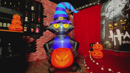 6FT Halloween Inflatables Cat Decoration - Blow Up Yard Lovely Black Cat with Witch Hat Holding Pumpkin Face Build-in LED Lights for Home Halloween Party Garden Lawn Indoor Outdoor Decor