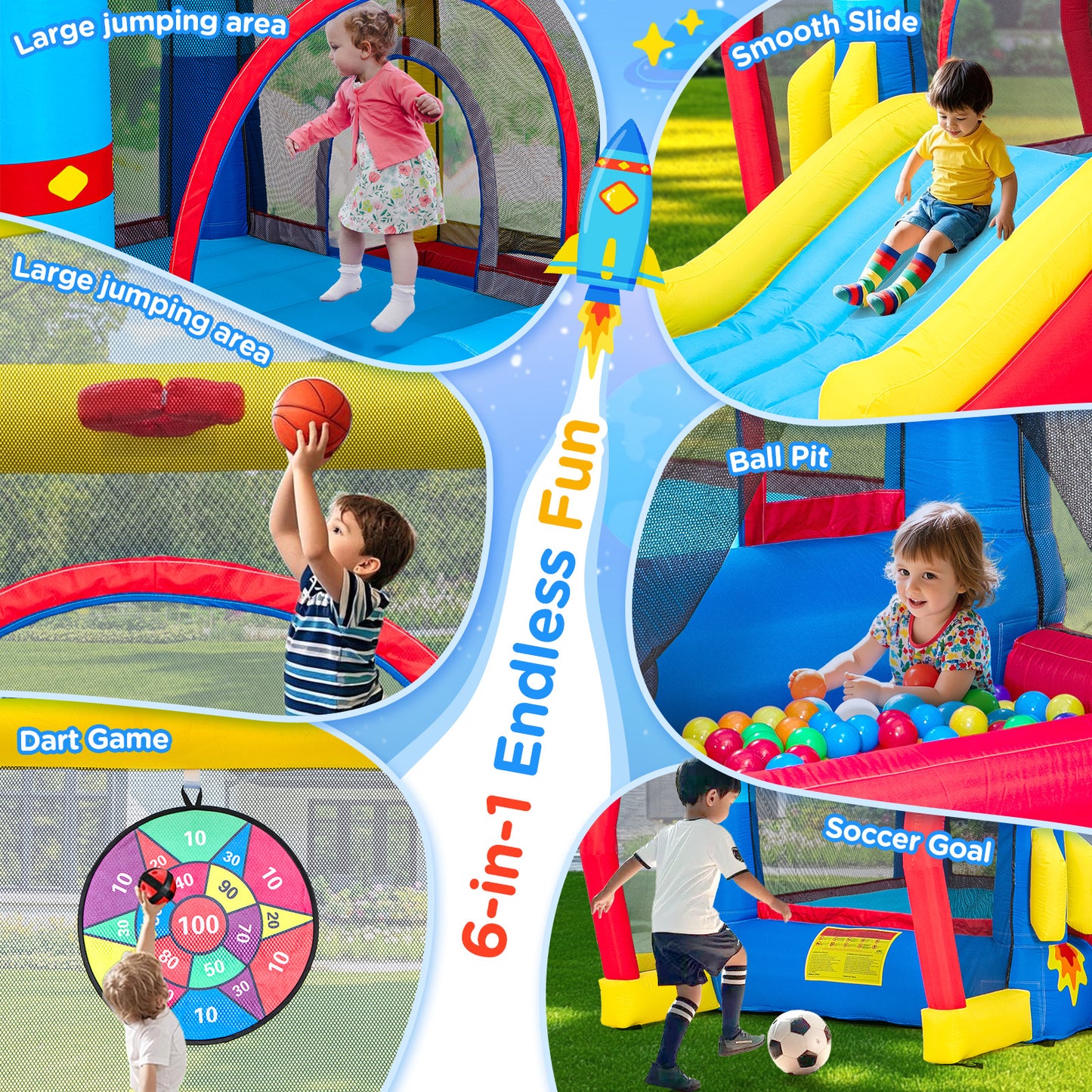 Toiyjofe Space Adventure Bounce House, 7-in-1 Rocket Astronaut Theme Inflatable Castle with Slide, Air Blower, Ball Pit, Indoor Outdoor Bouncy House Birthday Party for Kids 3-6Y (11.5FT X 10FT X 7FT)