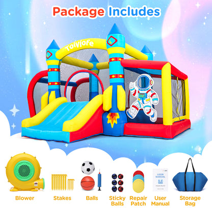 Toiyjofe Space Adventure Bounce House, 7-in-1 Rocket Astronaut Theme Inflatable Castle with Slide, Air Blower, Ball Pit, Indoor Outdoor Bouncy House Birthday Party for Kids 3-6Y (11.5FT X 10FT X 7FT)