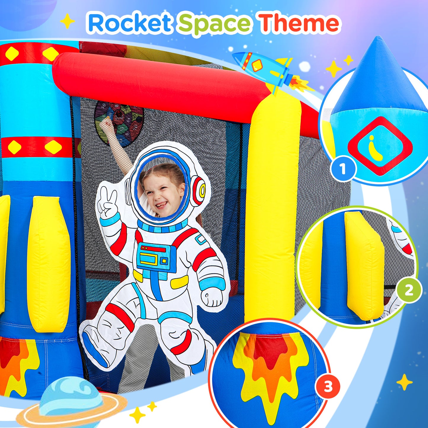 Toiyjofe Space Adventure Bounce House, 7-in-1 Rocket Astronaut Theme Inflatable Castle with Slide, Air Blower, Ball Pit, Indoor Outdoor Bouncy House Birthday Party for Kids 3-6Y (11.5FT X 10FT X 7FT)